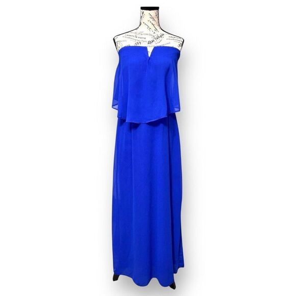 City Triangles L Blue Chiffon Maxi Dress Strapless Cocktail Wedding Guest Party - Picture 5 of 11